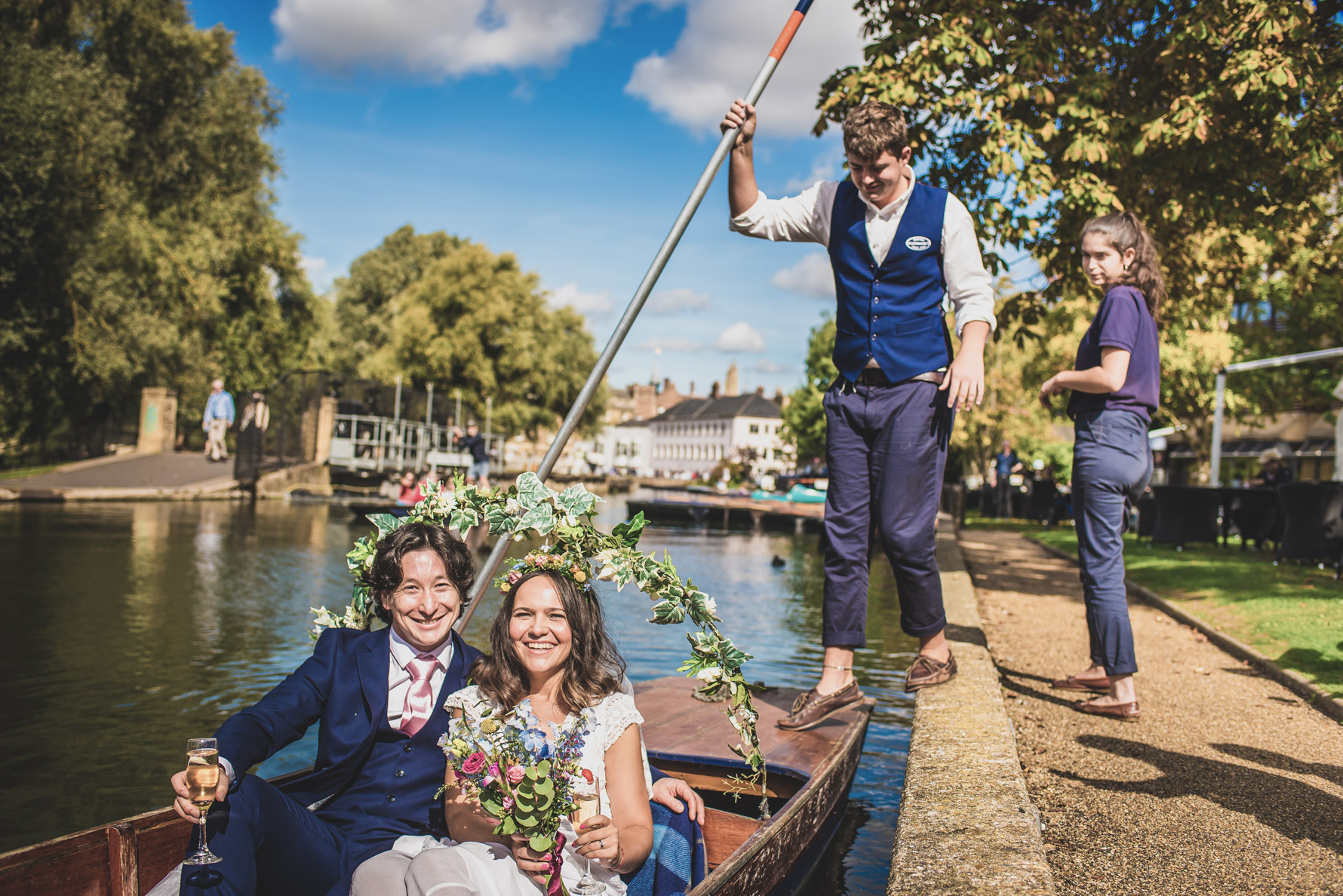 Bride and Groom on a punt on the River Cam in Cambridge